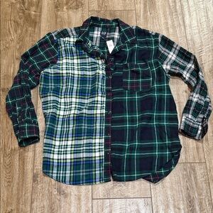 NWT GAP Women’s Green and Blue Plaid Button Down Shirt Sz Large